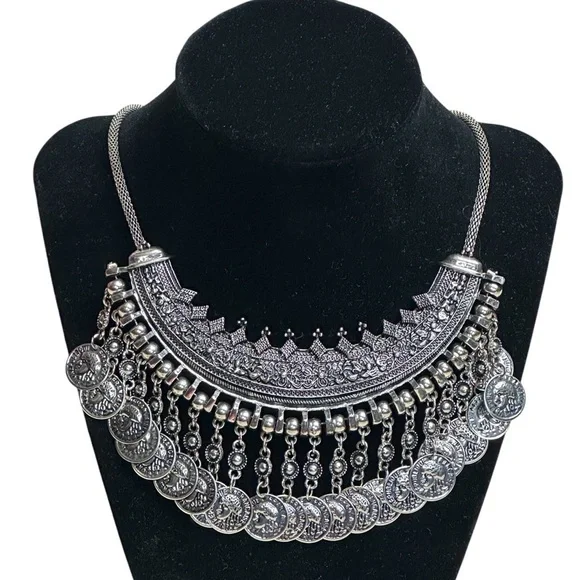 Boho Oxidized Silver Tone Tribal Coin Fringe Bib Necklace Statement Choker - Picture 12 of 14